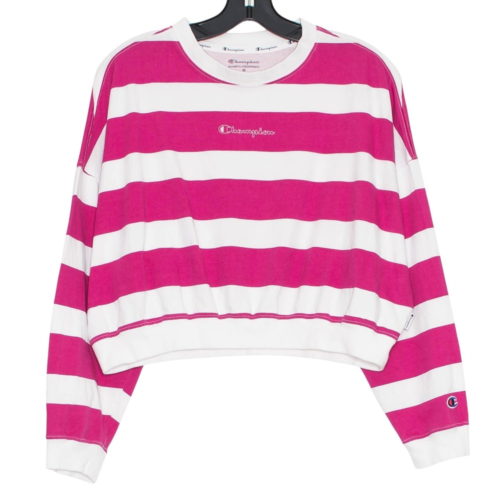 Champion Crop Top Y2K 90s Streetwear‎ Preppy Athleisure Stripe Pink White Medium